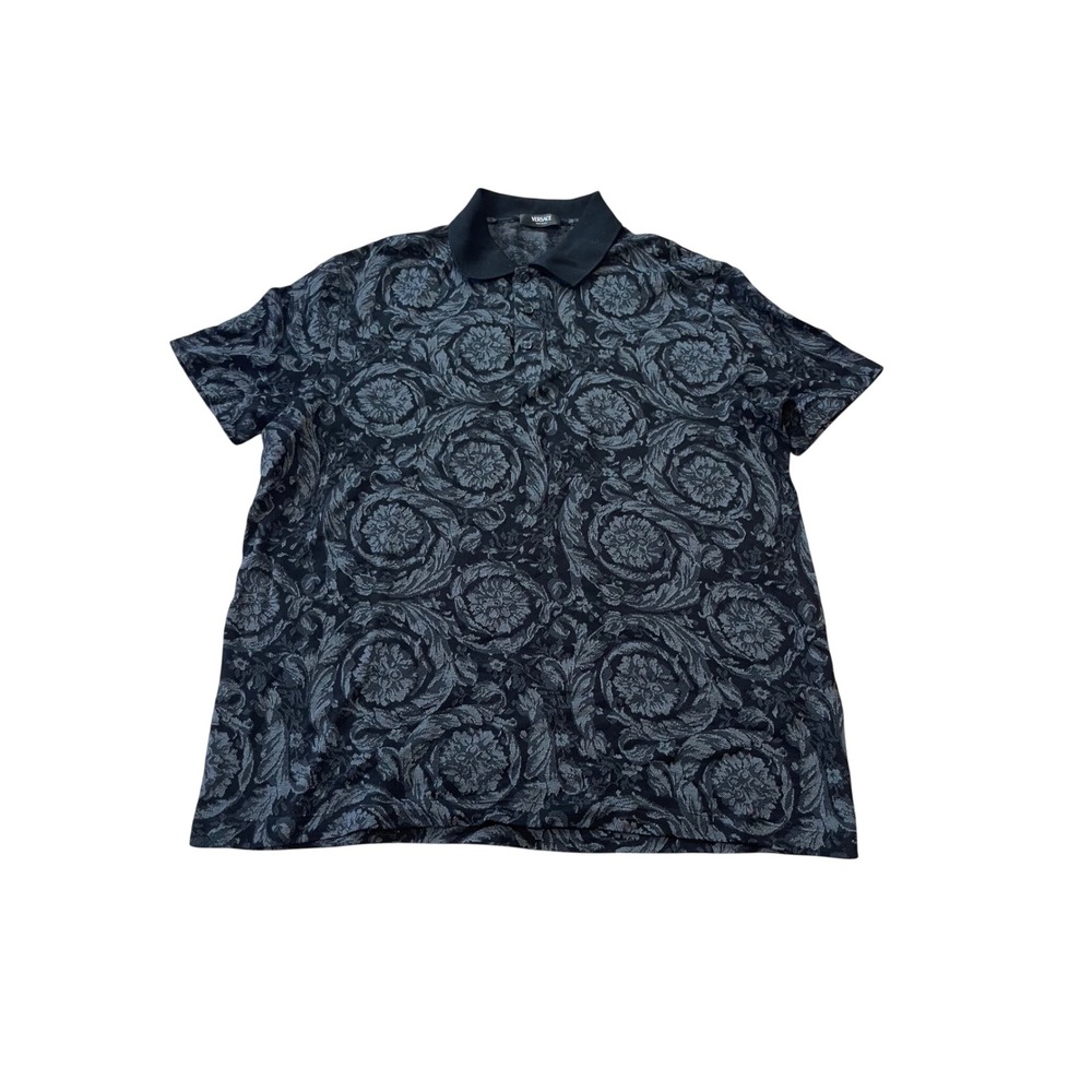 Versace Mens Baroque Polo Shirt Black Grey Tonal Pattern Size 2XL Made in Italy